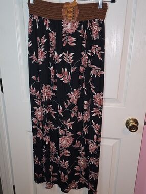 Jon & Anna Black Maxi Skirt with Pink Floral Print and Brown Crochet Waist